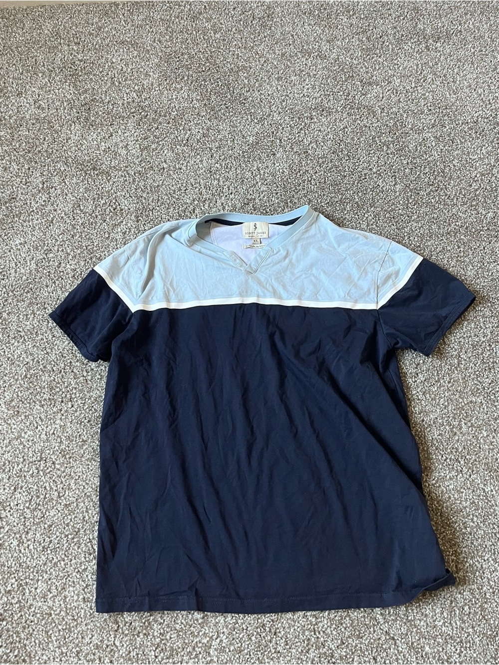 Scott James Men's XL Two-Tone Navy and Light Blue V-Neck Shirt